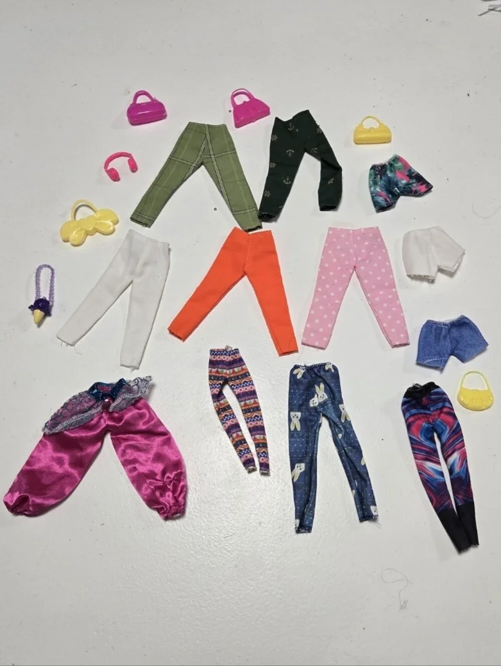 Barbie Doll Clothes 6 pants, 3 leggings, 3 shorts, 6 purses, 1 headphones